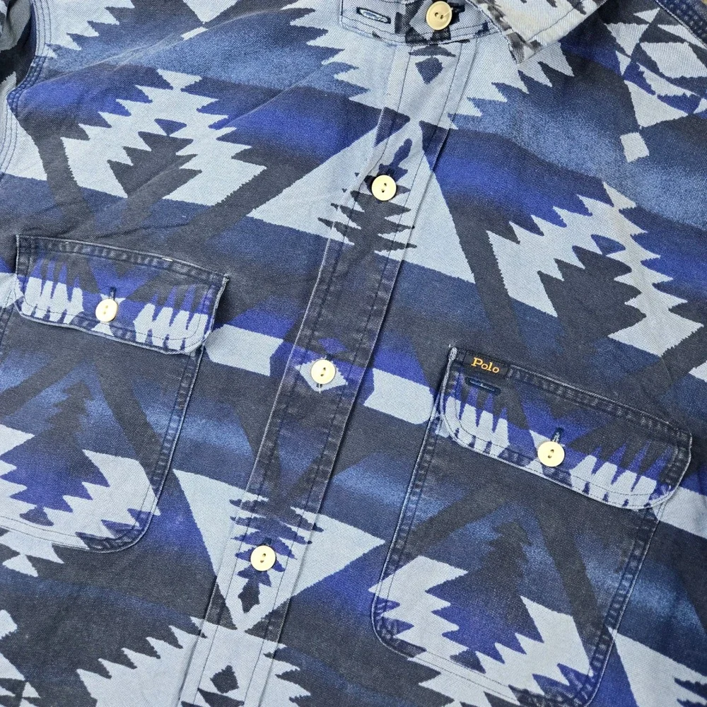 Polo Ralph Lauren Shirt Mens L Blue Indigo Southwestern Aztec Tribal Workwear